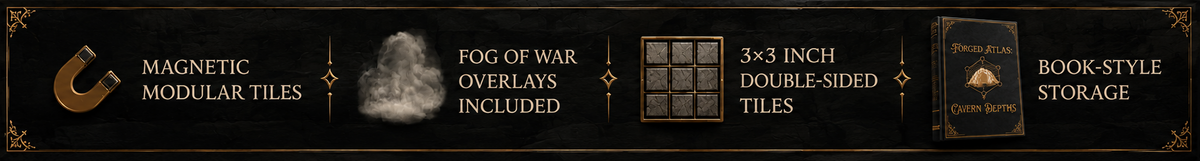 A long black product banner with gold text and icons describing a set of magnetic modular tiles, fog of war overlays, double-sided tiles, and book-style storage.