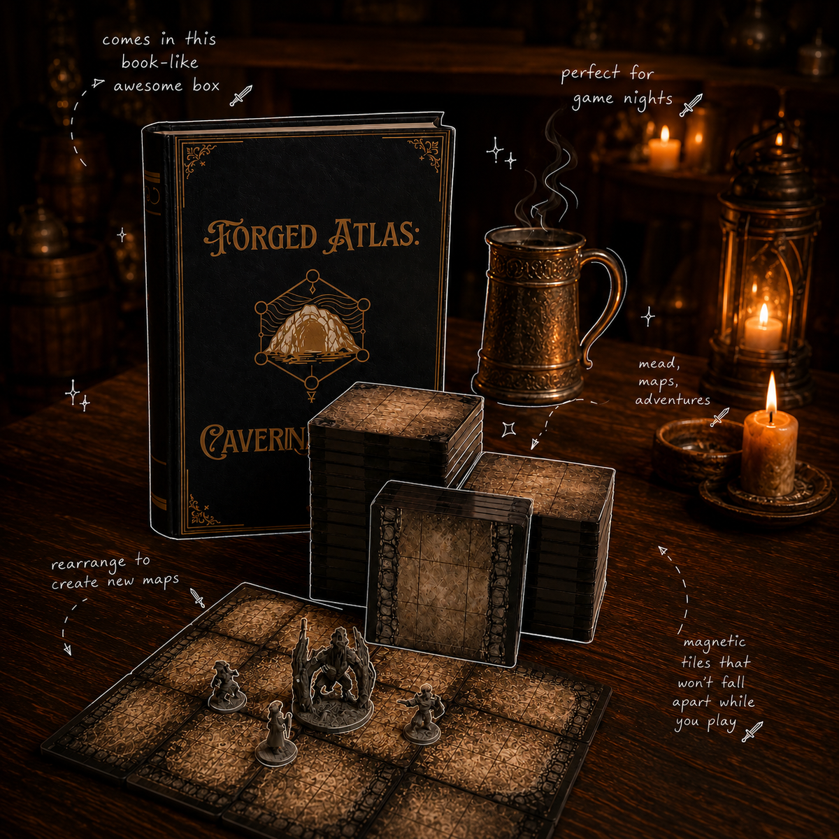 A tabletop display of a fantasy board game set titled 'Forged Atlas: Caverns'. The set includes a dark book cover, several map boxes, a playmat with miniature terrain pieces, and themed props like a copper mug and burning lanterns on a dark wooden table, with handwritten callouts around the items.