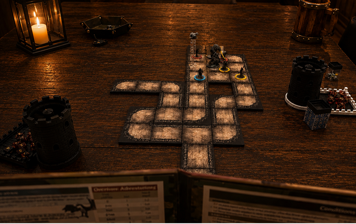 A tabletop gaming setup in a dimly lit room, featuring a cross-shaped terrain board with stone-textured squares, small fantasy miniatures, dice, and black cylindrical tower pieces on a dark wooden table. A lantern candle glows on the left, and game cards are visible in the foreground.
