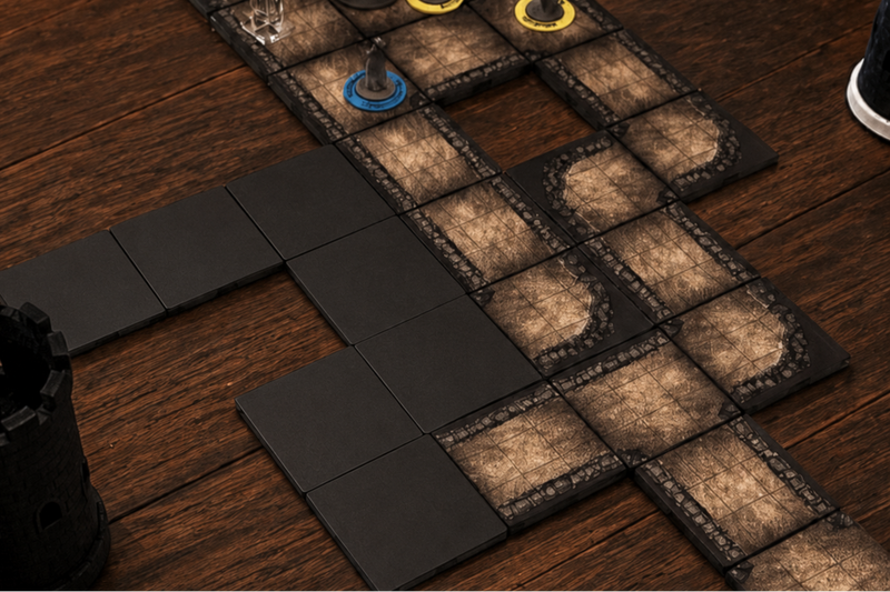 A tabletop gaming board set with dark gray terrain tiles, miniatures, and colored movement rings on a wooden table.