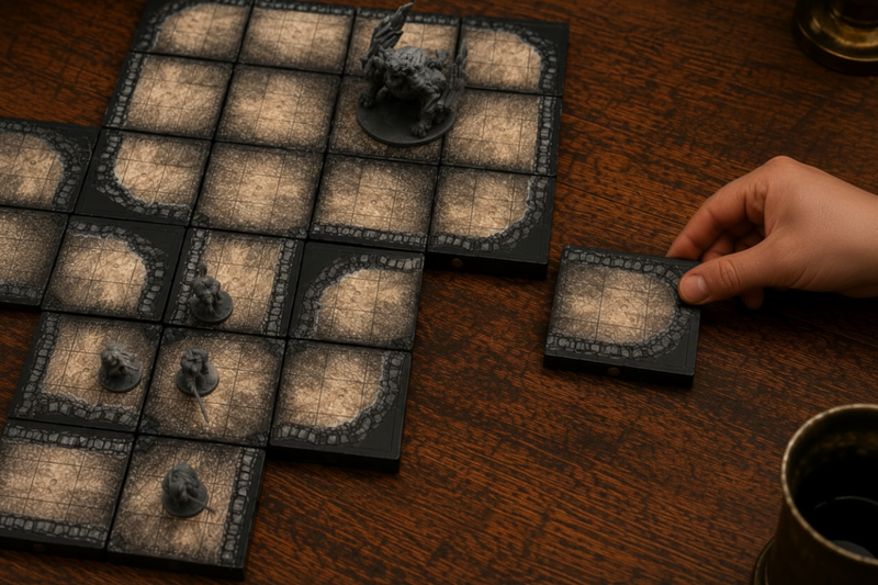 A tabletop gaming setup on a dark wood table, showing a partially assembled fantasy board game grid with textured beige squares, black borders, small terrain pieces, a miniature figure, dice, a lit lantern, and a hand placing a tile.