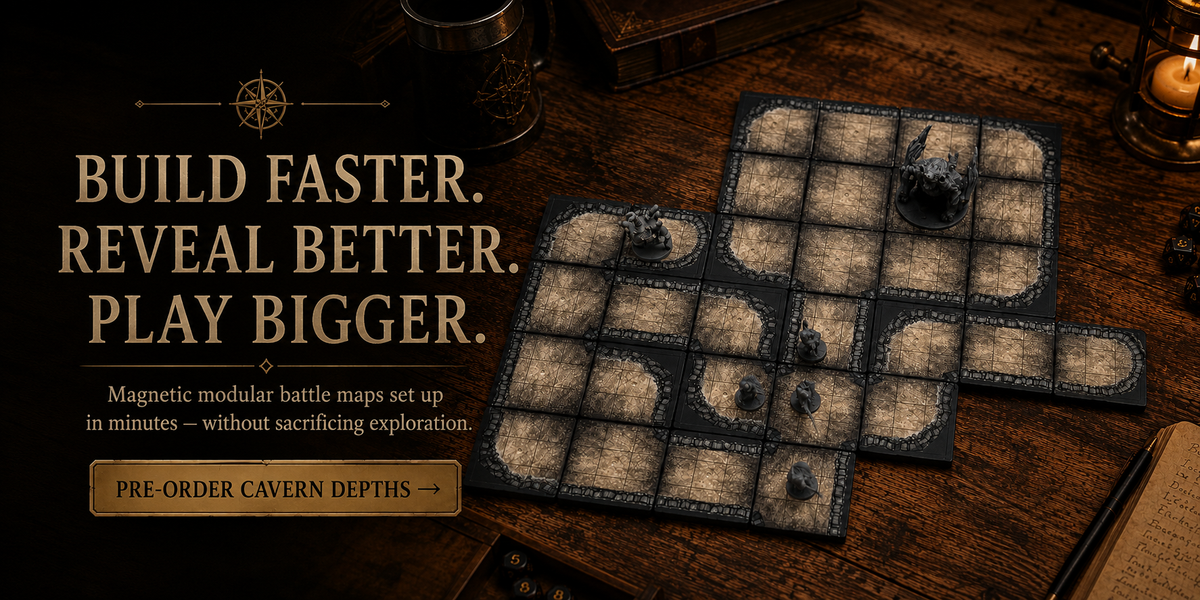 Forged Atlas Cavern Depths magnetic modular battle map tiles arranged as a dungeon with tabletop miniatures.