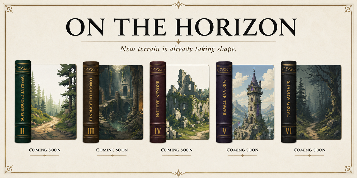A promotional graphic with the text 'ON THE HORIZON' and 'New terrain is already taking shape.' above five fantasy book spines, each showing a different illustrated landscape scene and labeled 'COMING SOON.
